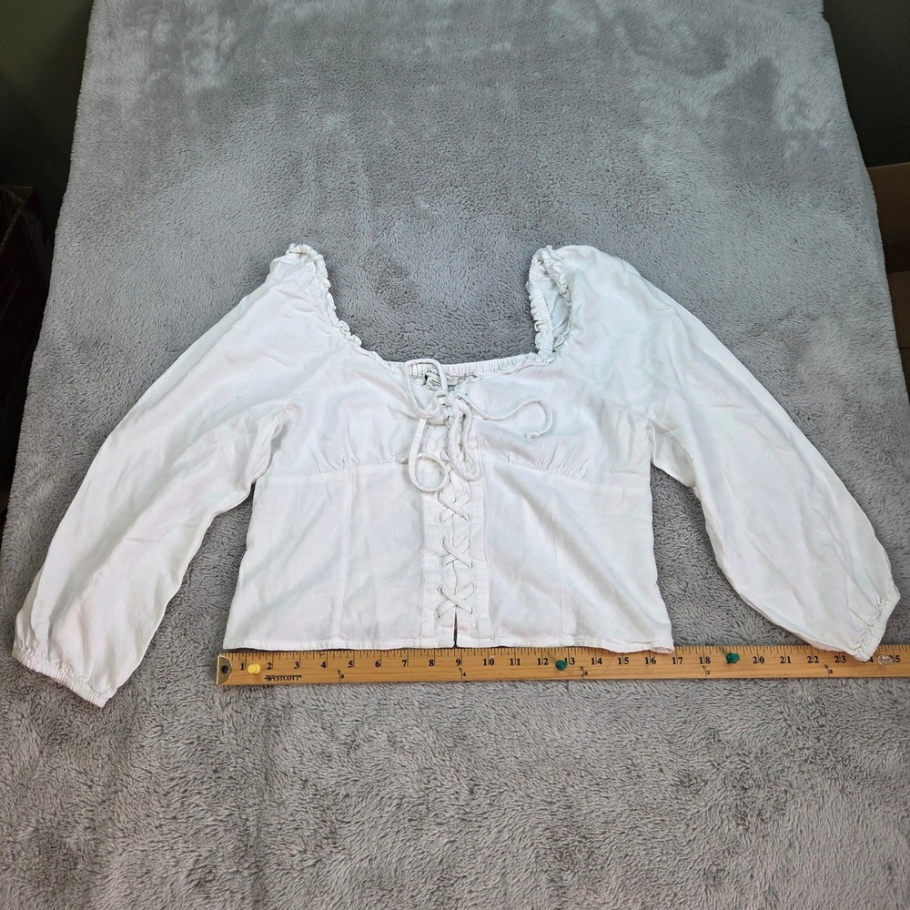 American Eagle Linen Peasant Top Womens M Lace Up Corset Milkmaid Sleeve White
